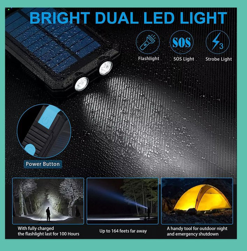 1O000 Mah Solar Power Bank, Waterproof, 2 USB Ports, LED Charger for Mobile Phones
