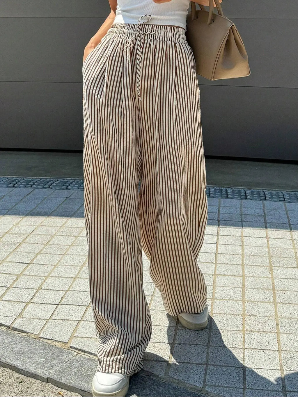 Women'S Striped Print Drawstring Waist Wide-Leg Pants, Womenswear Casual Pocket Woven Trousers for Summer, Women'S Bottoms for Daily Wear