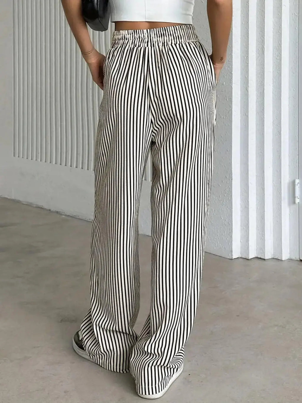 Women'S Striped Print Drawstring Waist Wide-Leg Pants, Womenswear Casual Pocket Woven Trousers for Summer, Women'S Bottoms for Daily Wear