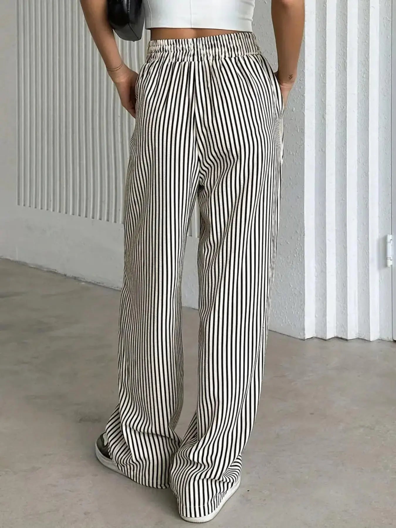 Women'S Striped Print Drawstring Waist Wide-Leg Pants, Womenswear Casual Pocket Woven Trousers for Summer, Women'S Bottoms for Daily Wear