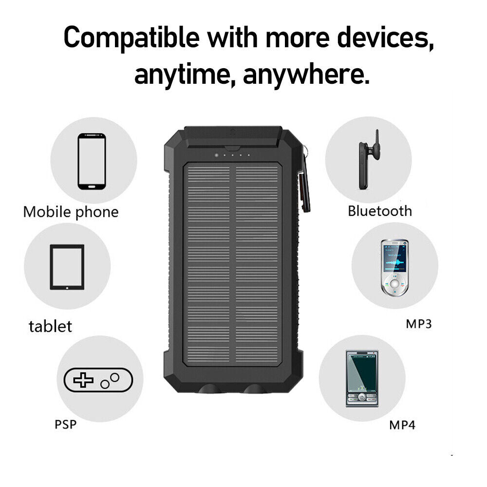 1O000 Mah Solar Power Bank, Waterproof, 2 USB Ports, LED Charger for Mobile Phones