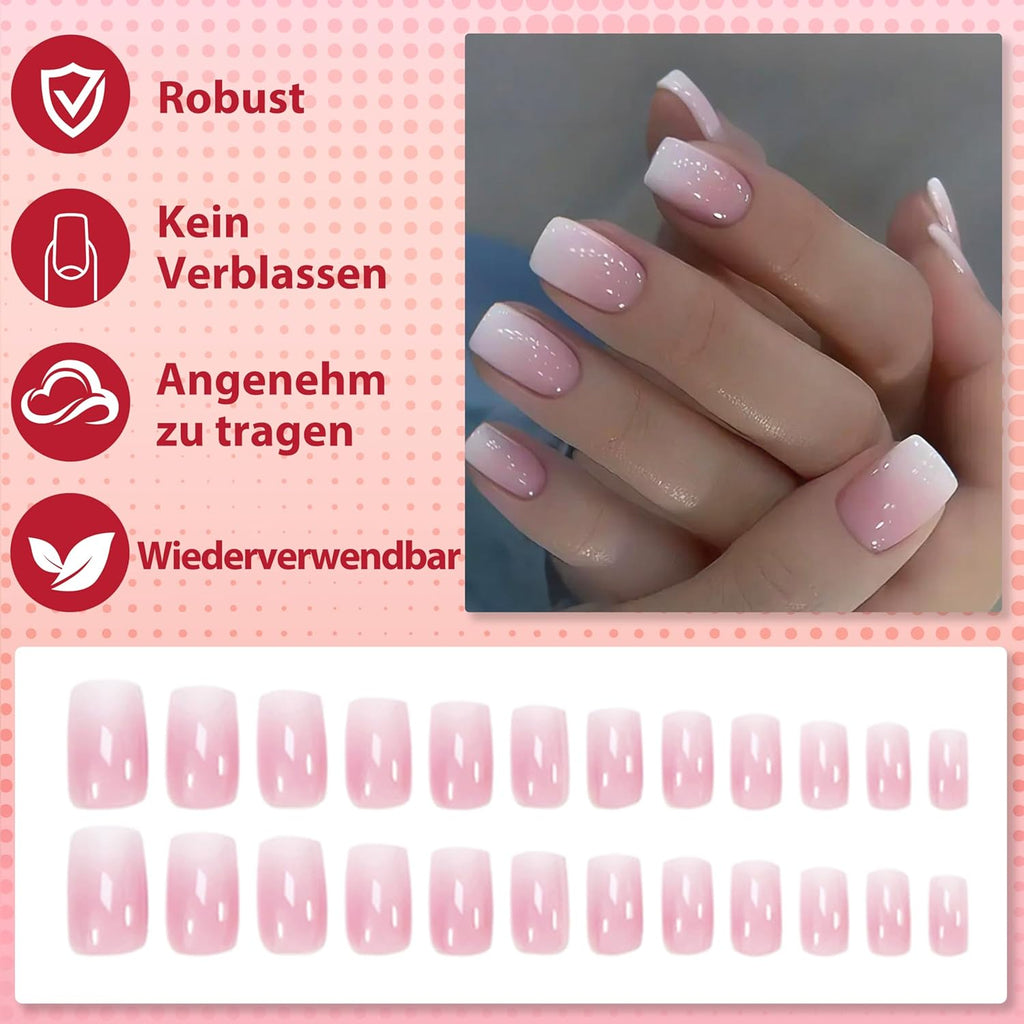 24 Stück French Tip Press on Nails Kurz, Full Cover Nägel Zum Aufdrücken, Natürlich Rosa Weiß Ombre-Acrylnägel Fake Nails Mit Nagelkleber Für Frauen Nail Art, DIY Nageldesign Alltag