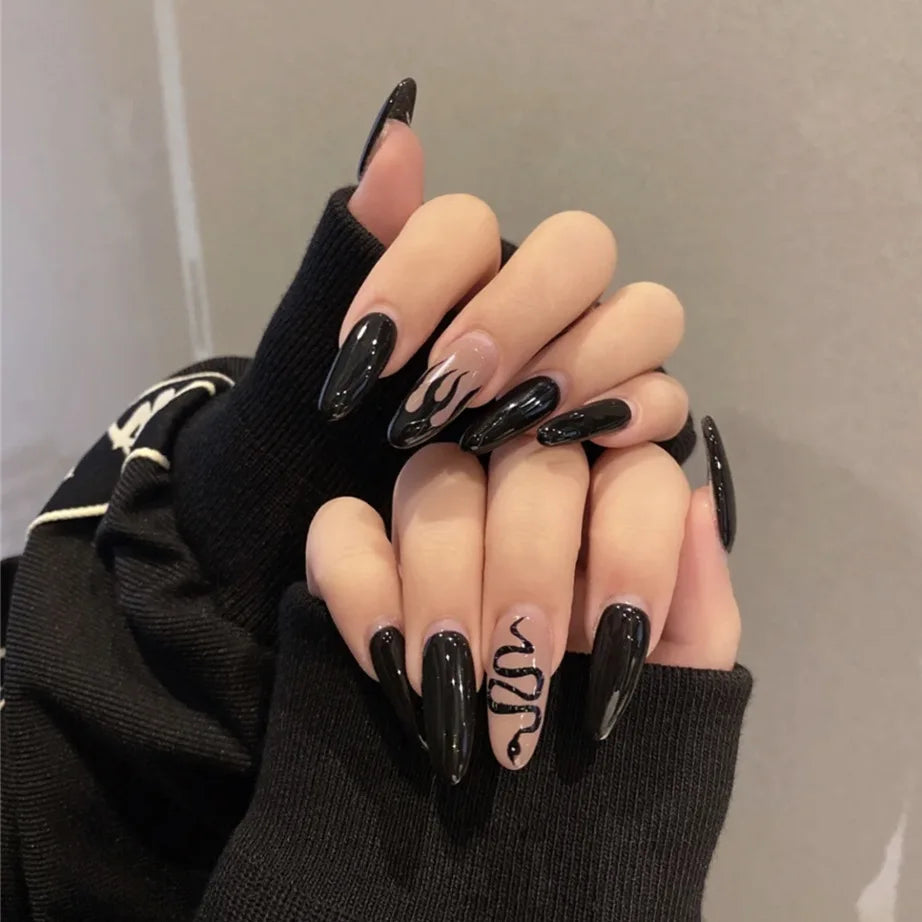 24Pcs/Set Dark Spice Wearable Black Press on Nail Tips Full Cover Fake Nails with Design Butterfly Lovely Girls False Nails Art