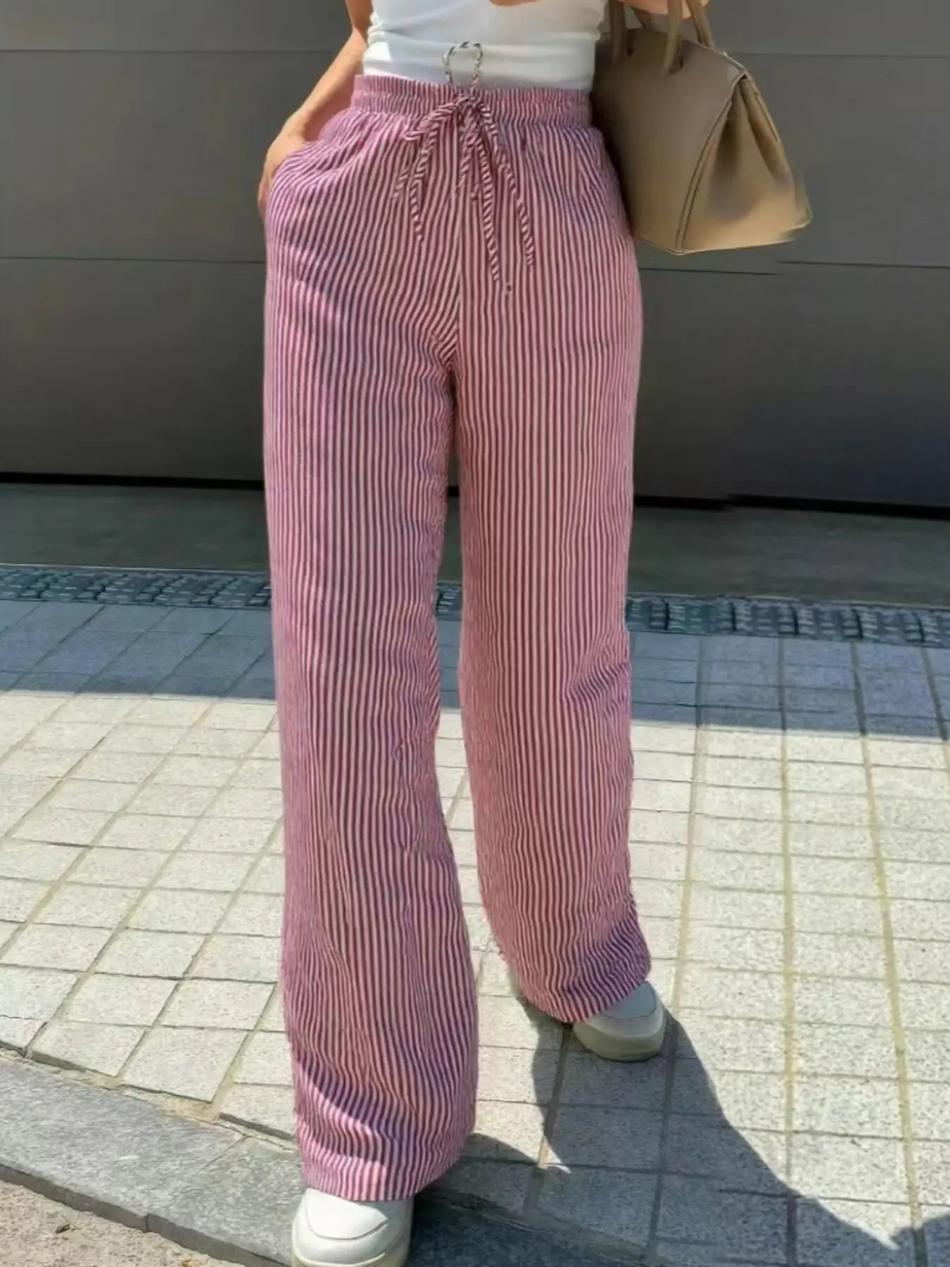 Women'S Striped Print Drawstring Waist Wide-Leg Pants, Womenswear Casual Pocket Woven Trousers for Summer, Women'S Bottoms for Daily Wear