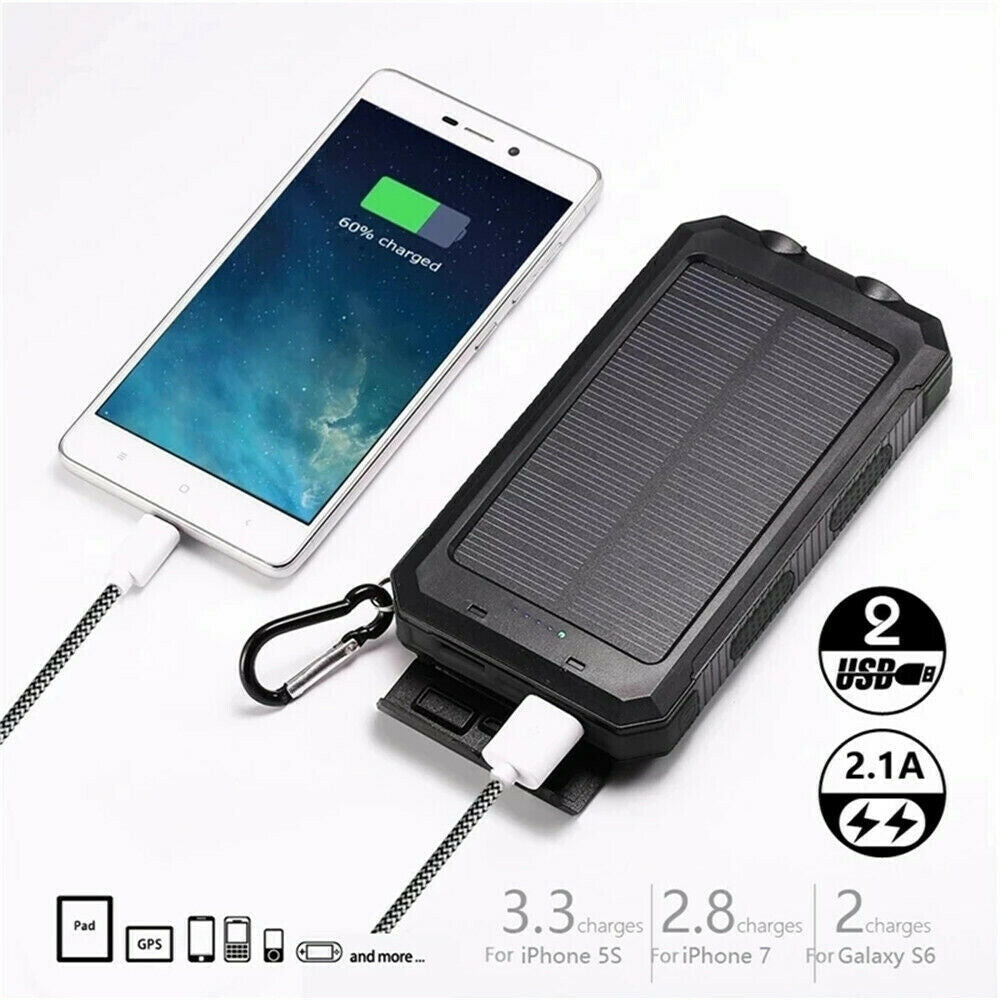 1O000 Mah Solar Power Bank, Waterproof, 2 USB Ports, LED Charger for Mobile Phones