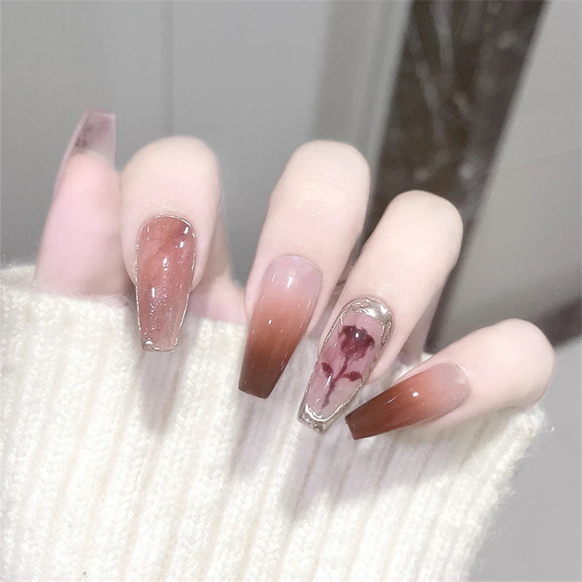 24Pcs/Set Dark Spice Wearable Black Press on Nail Tips Full Cover Fake Nails with Design Butterfly Lovely Girls False Nails Art