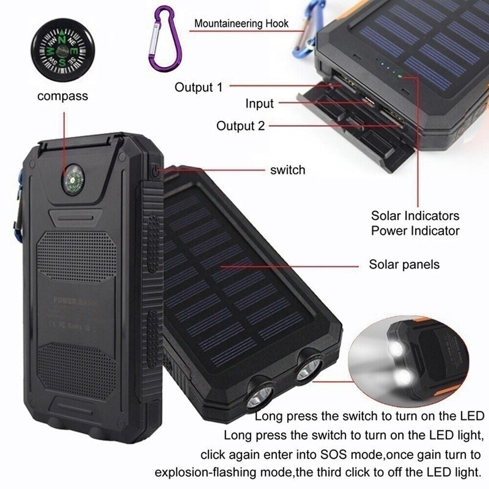 1O000 Mah Solar Power Bank, Waterproof, 2 USB Ports, LED Charger for Mobile Phones