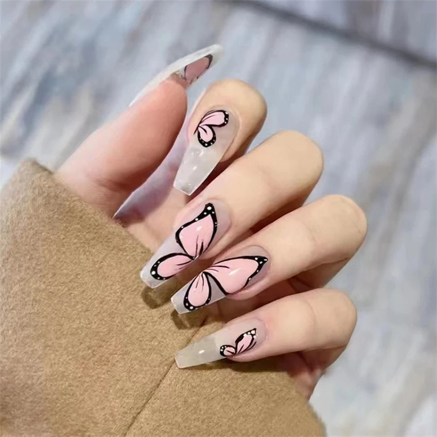 24Pcs/Set Dark Spice Wearable Black Press on Nail Tips Full Cover Fake Nails with Design Butterfly Lovely Girls False Nails Art