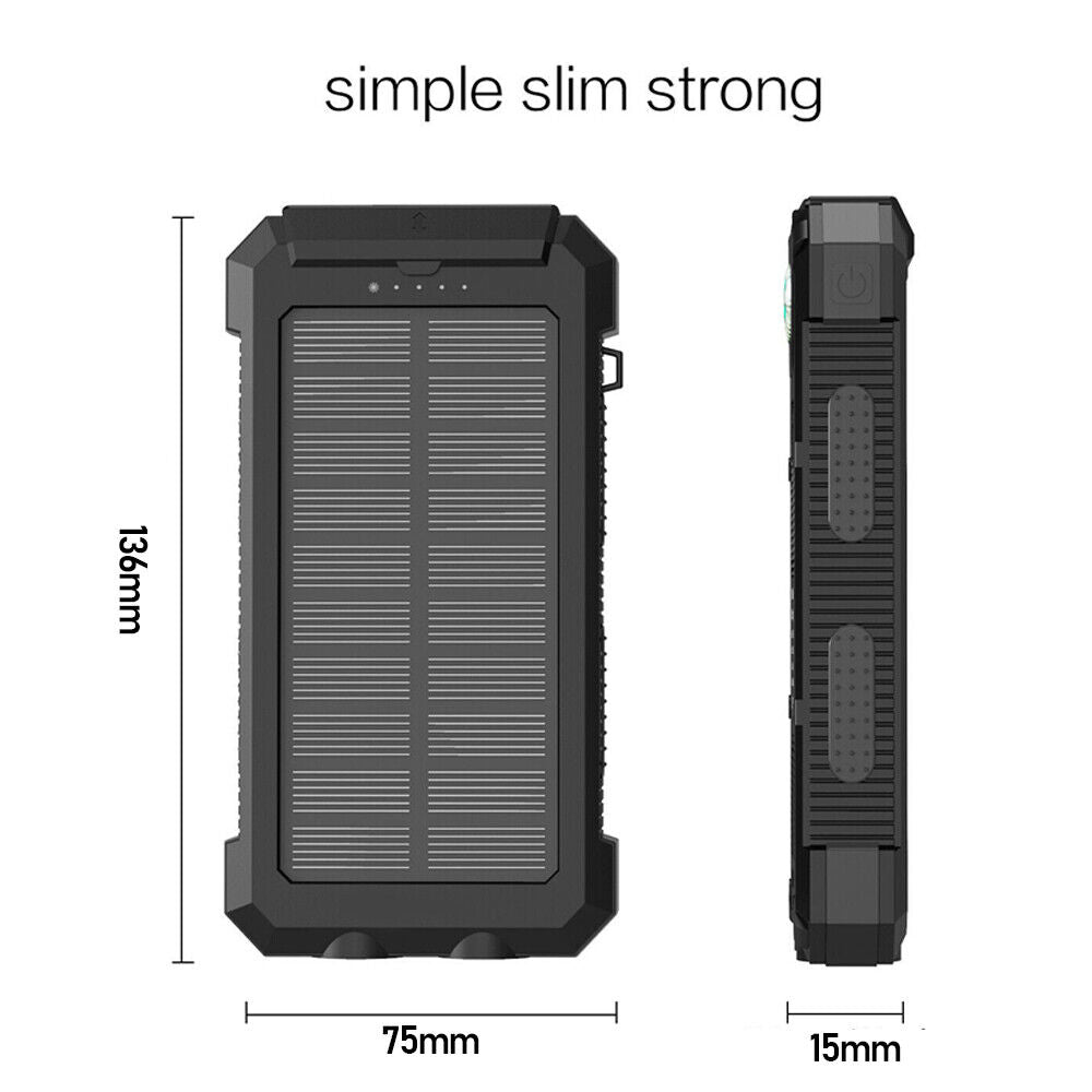 1O000 Mah Solar Power Bank, Waterproof, 2 USB Ports, LED Charger for Mobile Phones