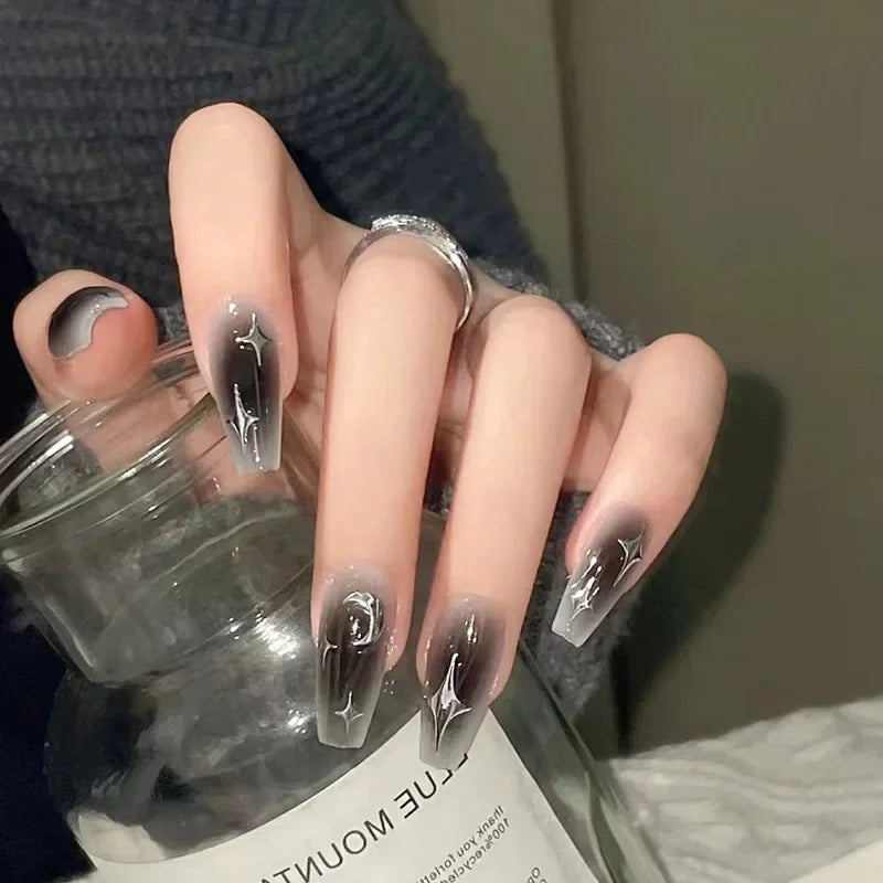 24Pcs/Set Dark Spice Wearable Black Press on Nail Tips Full Cover Fake Nails with Design Butterfly Lovely Girls False Nails Art