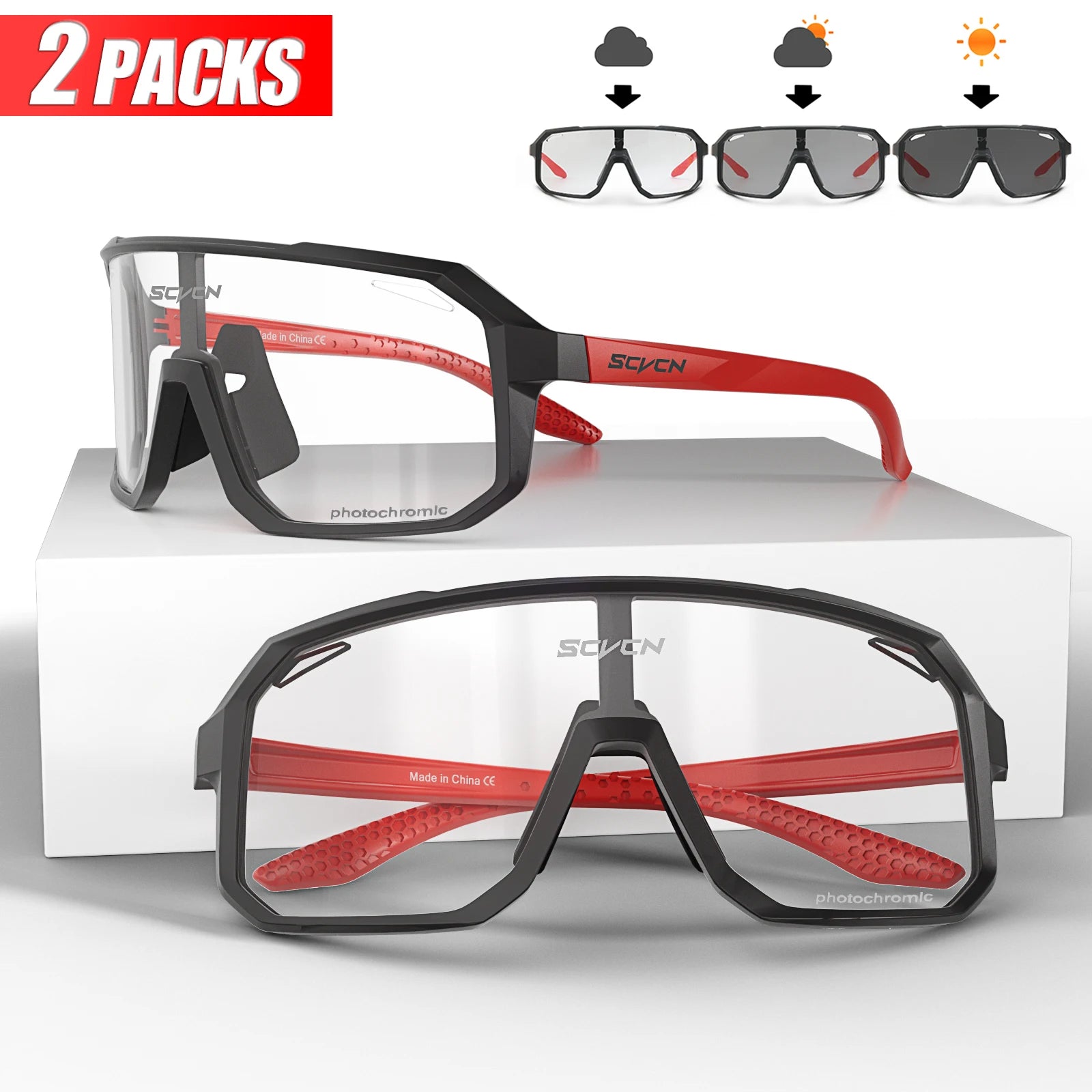 2 Packs Photochromic Riding Cycling Sunglasses Mtb Cycling Glasses Goggles Bicycle Mountain Bike Men'S Women Sport Eyewear