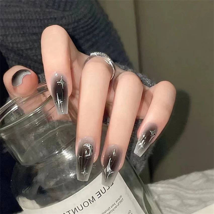24Pcs/Set Dark Spice Wearable Black Press on Nail Tips Full Cover Fake Nails with Design Butterfly Lovely Girls False Nails Art