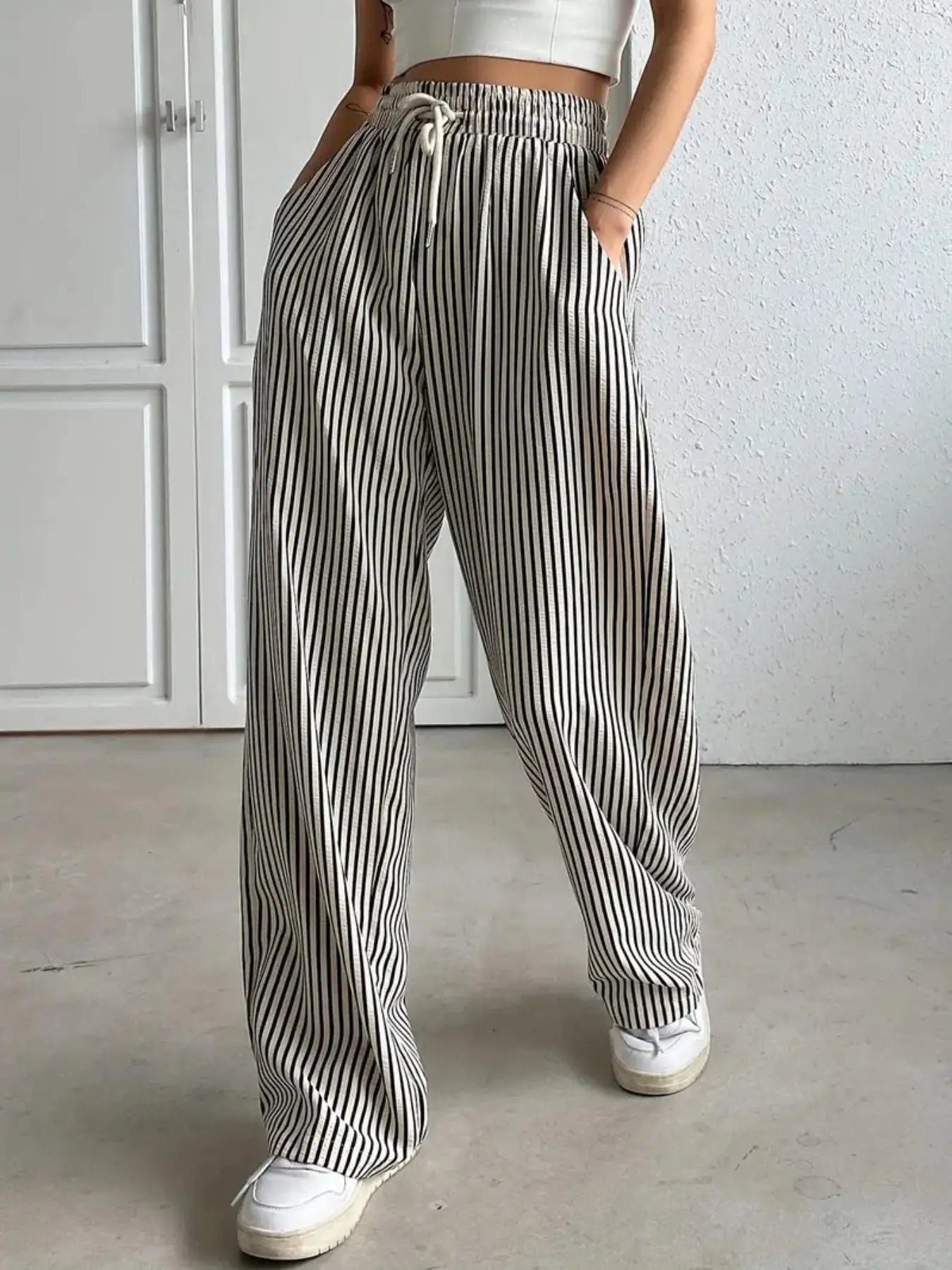 Women'S Striped Print Drawstring Waist Wide-Leg Pants, Womenswear Casual Pocket Woven Trousers for Summer, Women'S Bottoms for Daily Wear