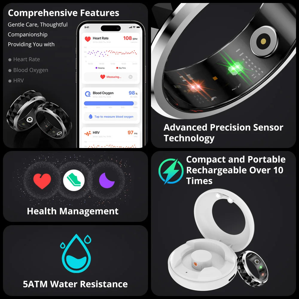 2024  R11 Smart Ring, Fidget Spinner Anxiety Relieve Ring with Charging Case for Men, Health Sleep Monitor, 5ATM Waterproof