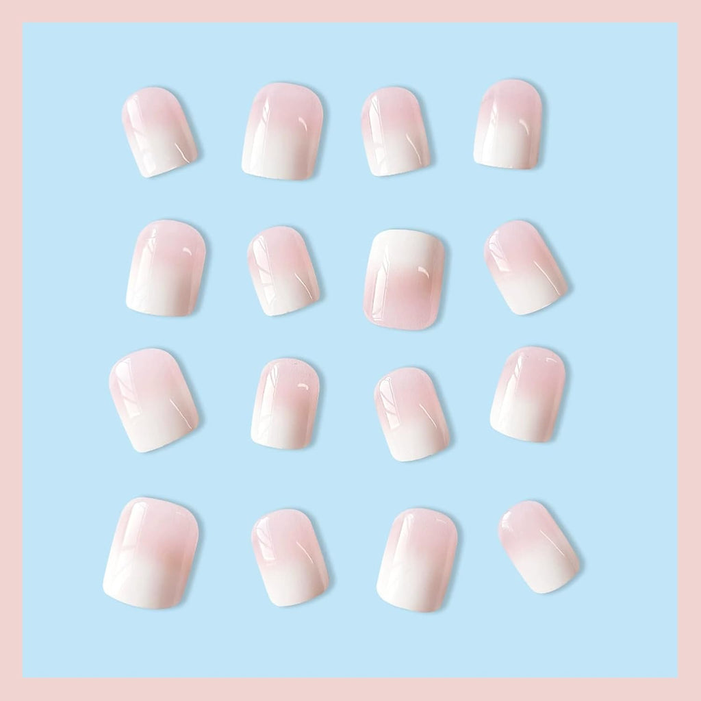 24 Stück French Tip Press on Nails Kurz, Full Cover Nägel Zum Aufdrücken, Natürlich Rosa Weiß Ombre-Acrylnägel Fake Nails Mit Nagelkleber Für Frauen Nail Art, DIY Nageldesign Alltag
