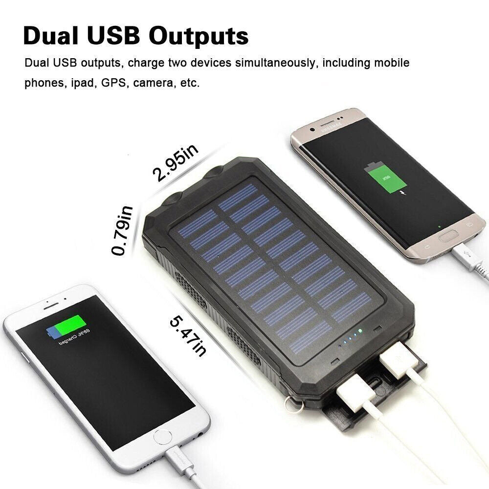 1O000 Mah Solar Power Bank, Waterproof, 2 USB Ports, LED Charger for Mobile Phones