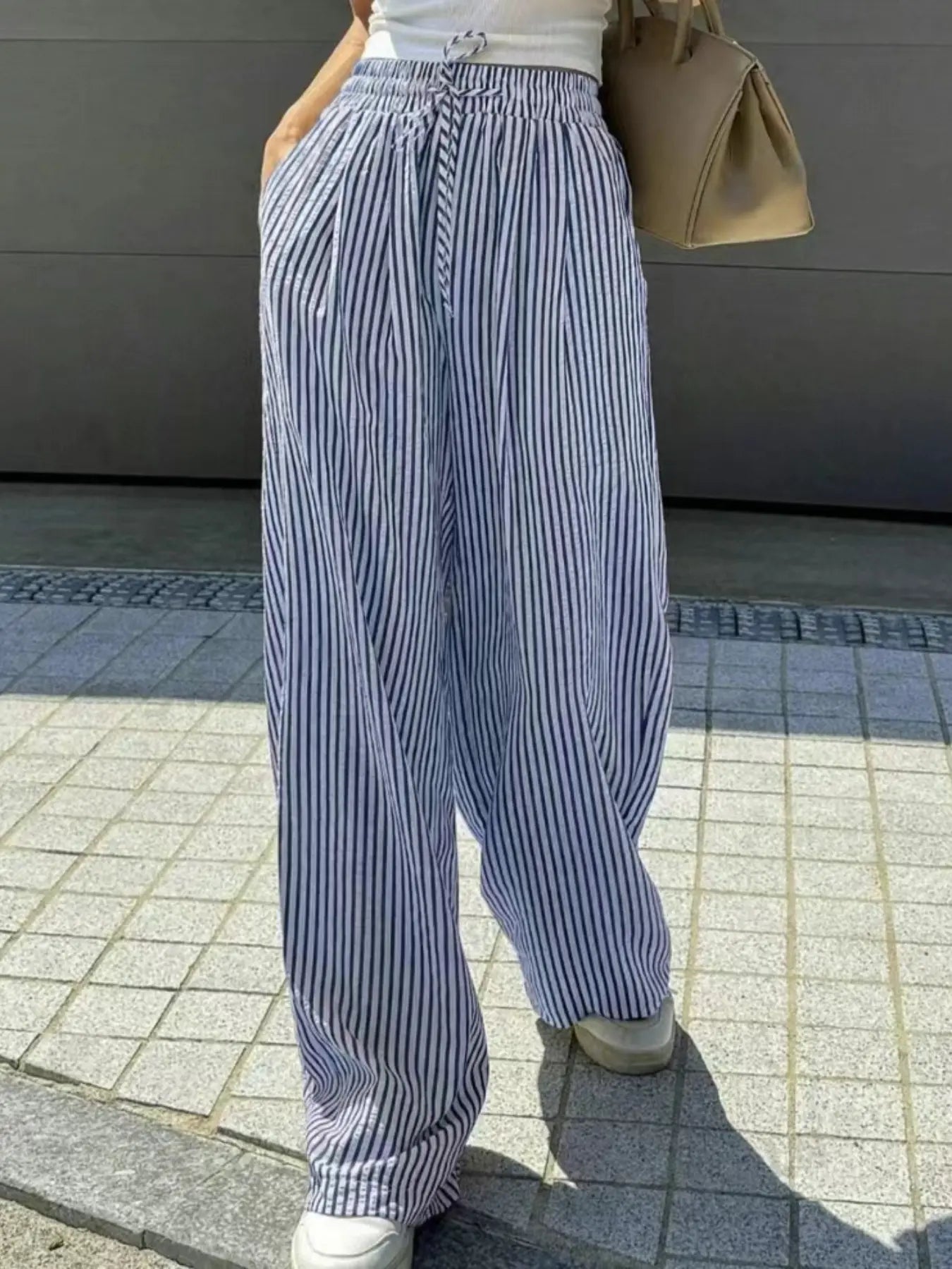 Women'S Striped Print Drawstring Waist Wide-Leg Pants, Womenswear Casual Pocket Woven Trousers for Summer, Women'S Bottoms for Daily Wear