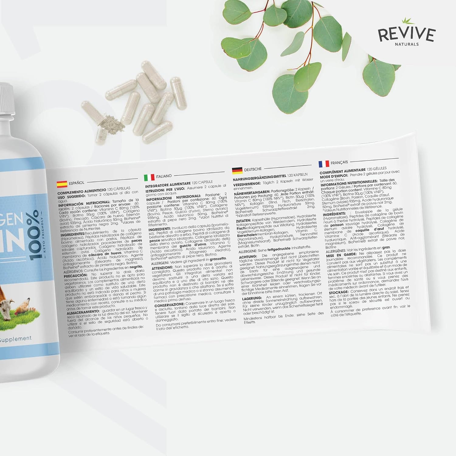 Multikollagen-Protein-Kapseln - 5 Arten Von Kollagenpeptiden Aus Nahrungsmitteln - Hydrolysiertes Grasgefüttertes Rind, Meerestiere Aus Wildfängen Und Freilandhuhn, 120 Kapseln