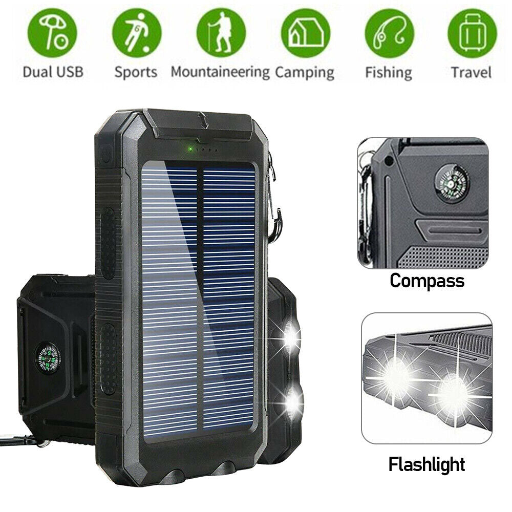 1O000 Mah Solar Power Bank, Waterproof, 2 USB Ports, LED Charger for Mobile Phones