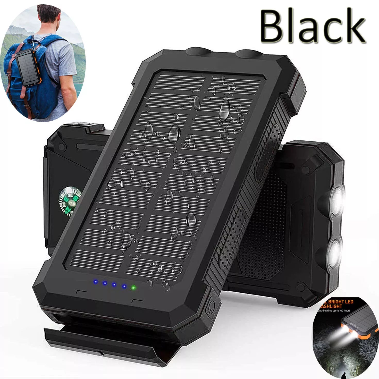 1O000 Mah Solar Power Bank, Waterproof, 2 USB Ports, LED Charger for Mobile Phones