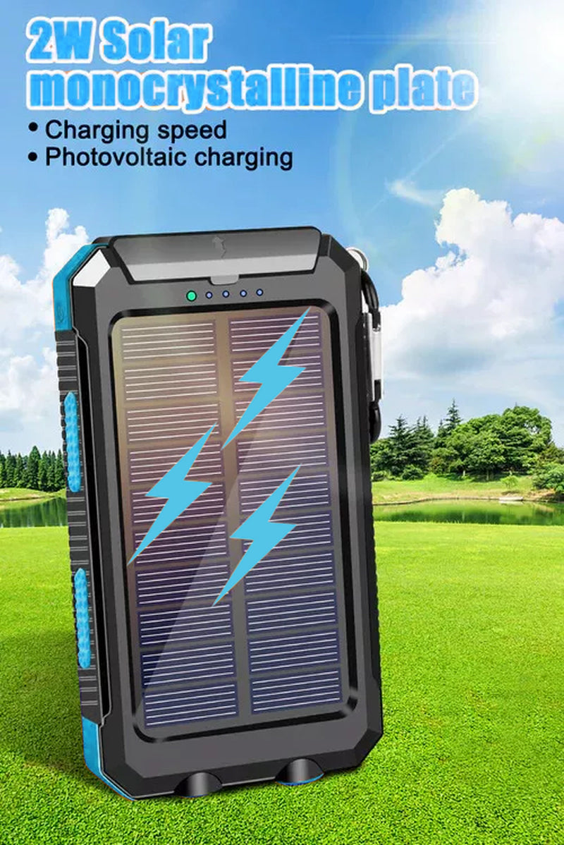 1O000 Mah Solar Power Bank, Waterproof, 2 USB Ports, LED Charger for Mobile Phones