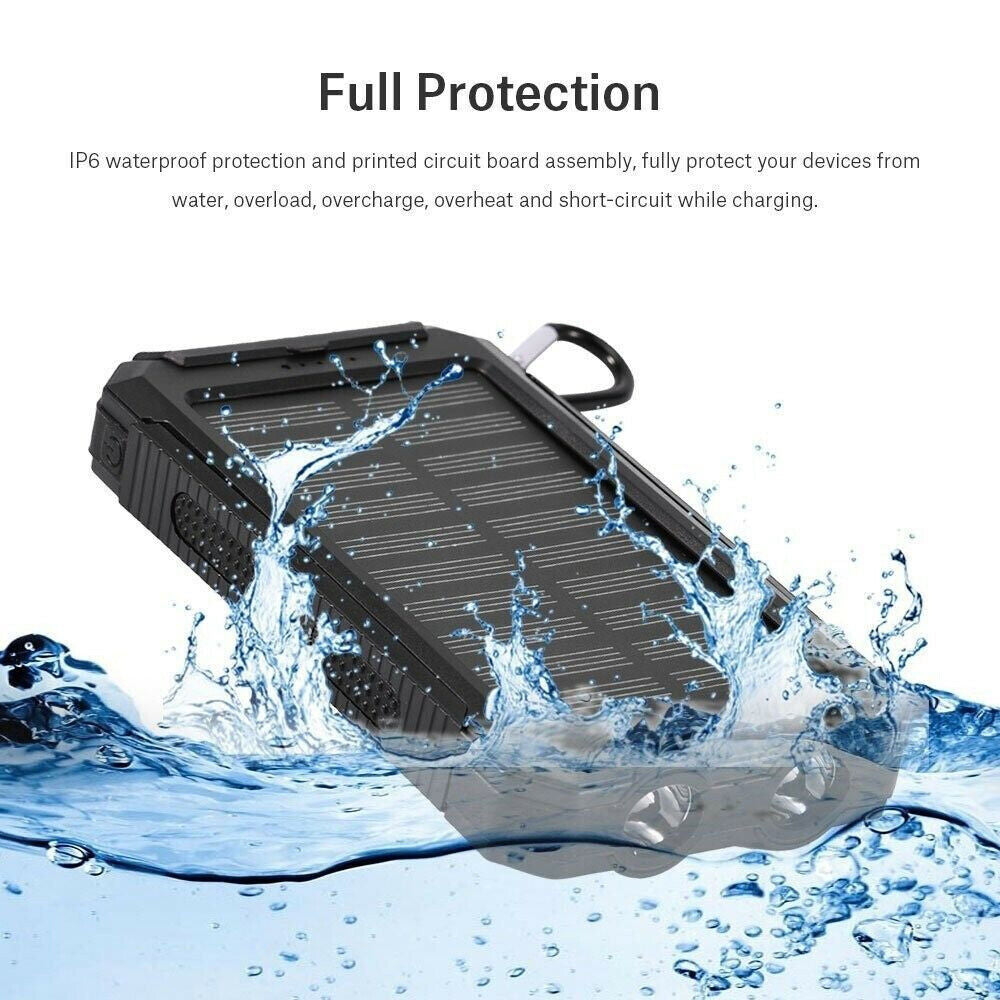 1O000 Mah Solar Power Bank, Waterproof, 2 USB Ports, LED Charger for Mobile Phones