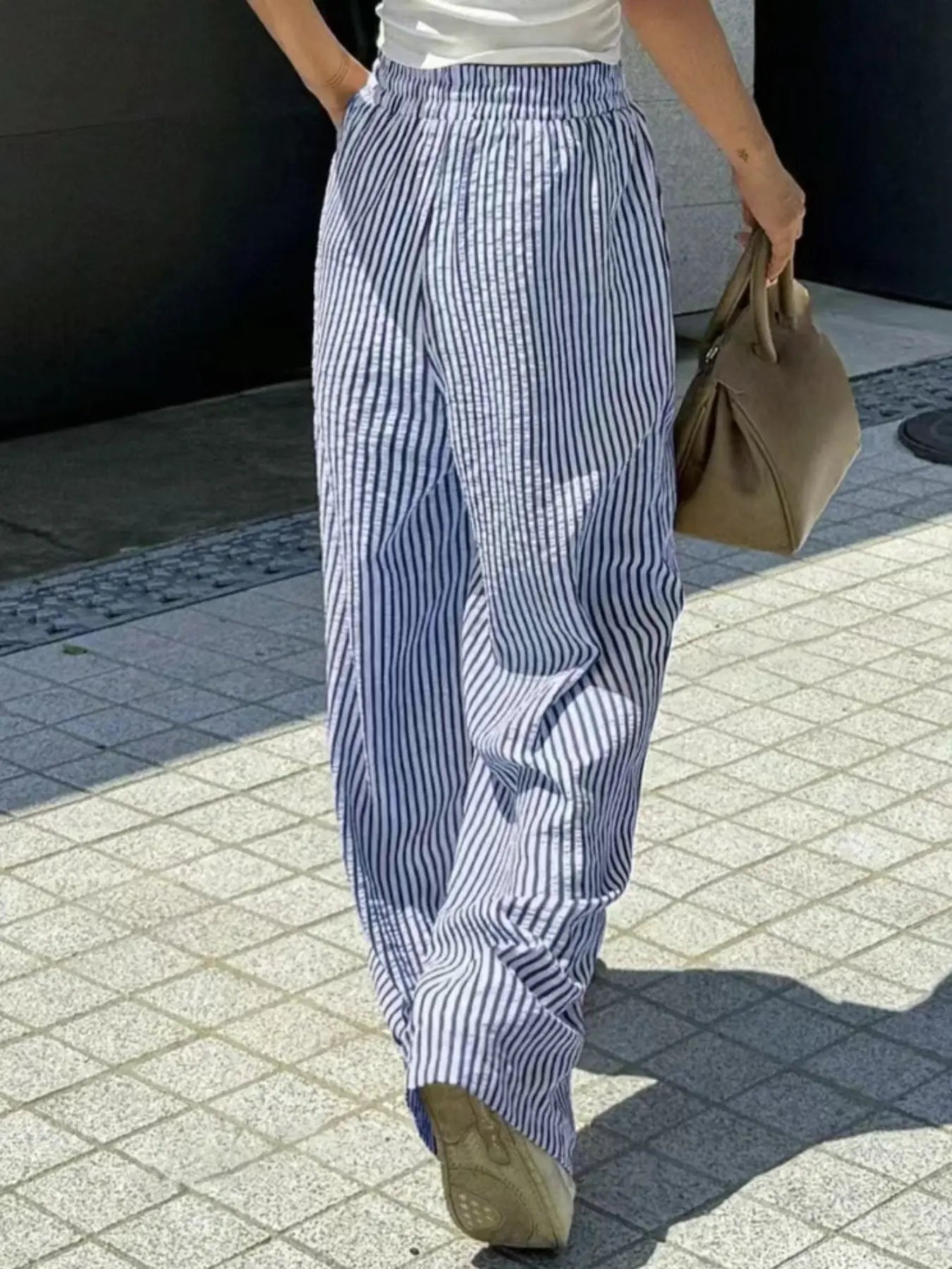 Women'S Striped Print Drawstring Waist Wide-Leg Pants, Womenswear Casual Pocket Woven Trousers for Summer, Women'S Bottoms for Daily Wear
