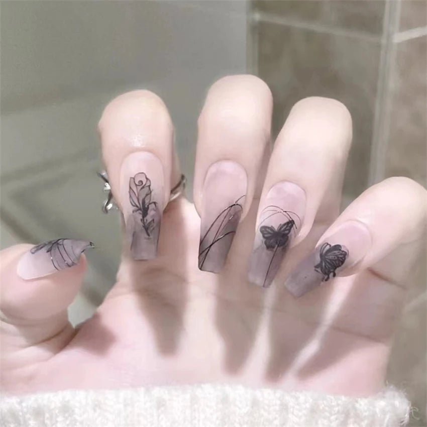 24Pcs/Set Dark Spice Wearable Black Press on Nail Tips Full Cover Fake Nails with Design Butterfly Lovely Girls False Nails Art