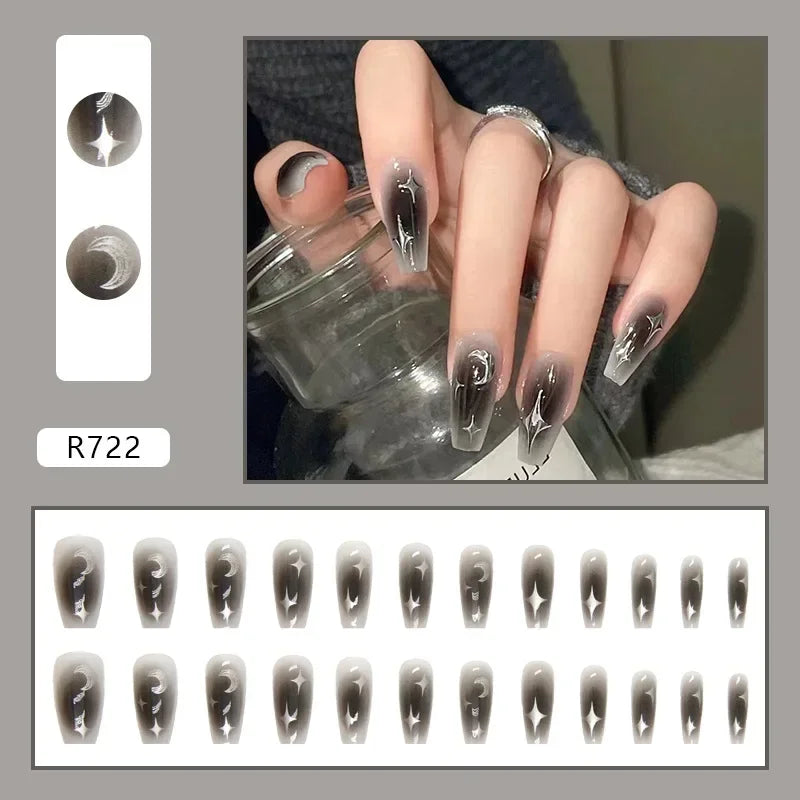 24Pcs/Set Dark Spice Wearable Black Press on Nail Tips Full Cover Fake Nails with Design Butterfly Lovely Girls False Nails Art