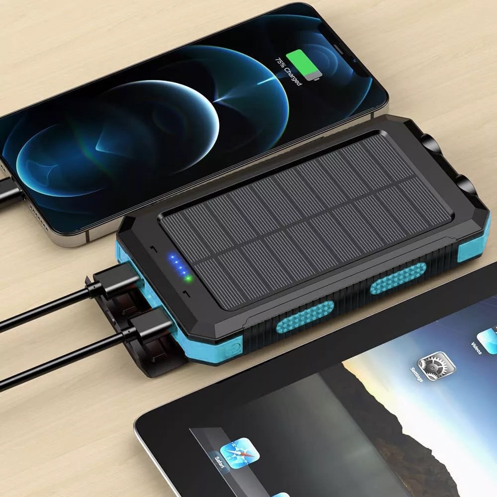 1O000 Mah Solar Power Bank, Waterproof, 2 USB Ports, LED Charger for Mobile Phones
