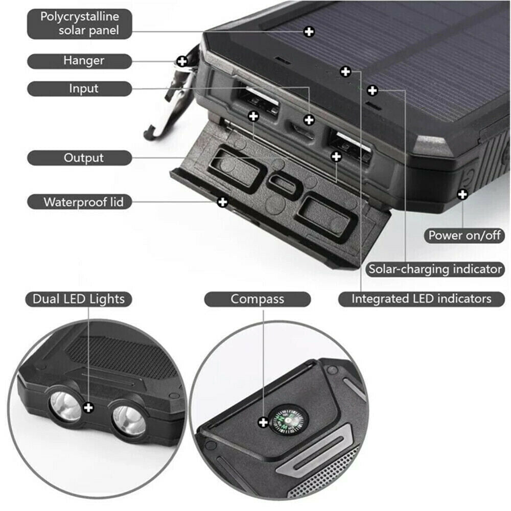 1O000 Mah Solar Power Bank, Waterproof, 2 USB Ports, LED Charger for Mobile Phones