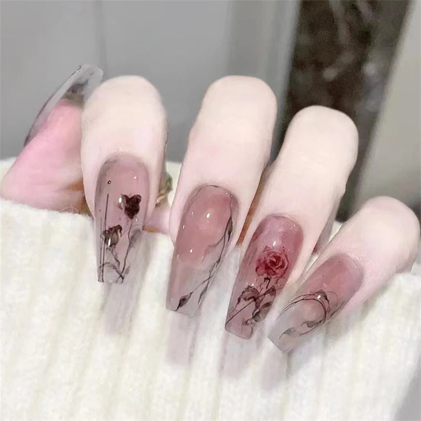 24Pcs/Set Dark Spice Wearable Black Press on Nail Tips Full Cover Fake Nails with Design Butterfly Lovely Girls False Nails Art