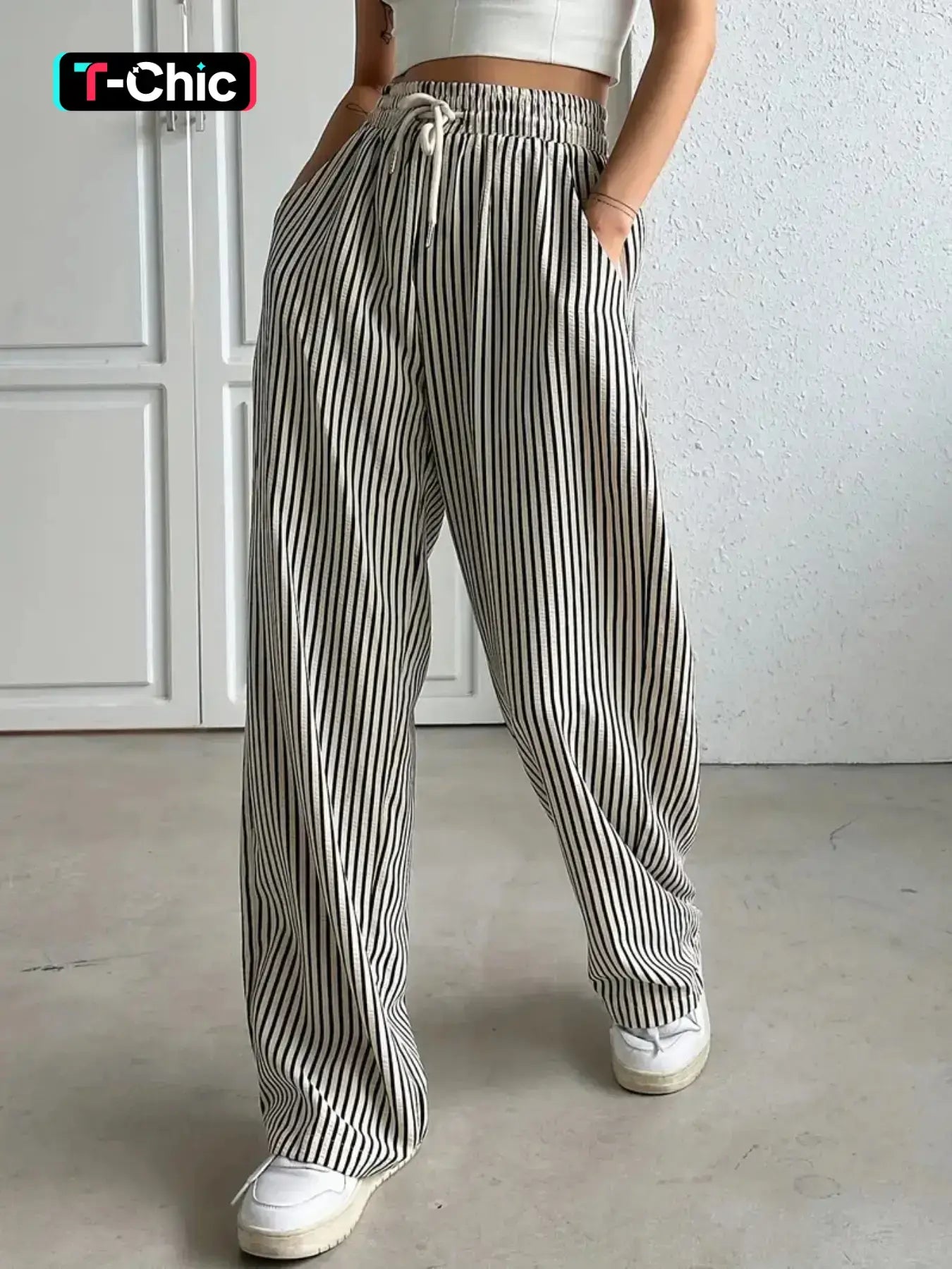 Women'S Striped Print Drawstring Waist Wide-Leg Pants, Womenswear Casual Pocket Woven Trousers for Summer, Women'S Bottoms for Daily Wear
